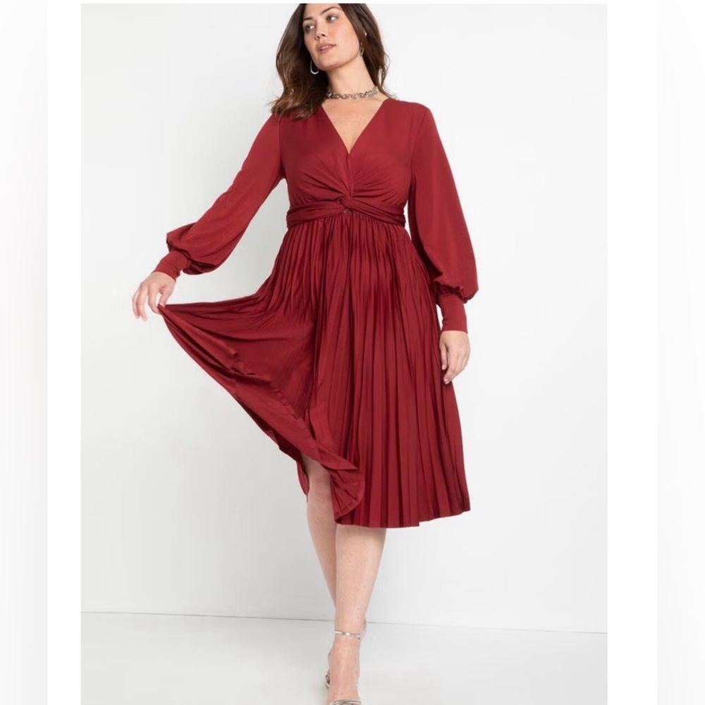Eloquii Knot‑Front Pleated Midi Dress Women’s Plus 16 Burgundy Fit & Flare